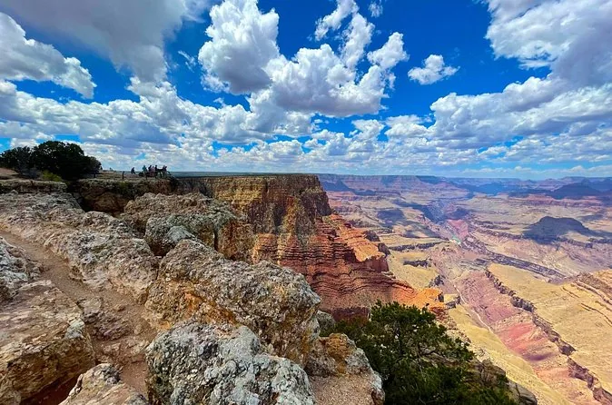 Wide view of the Grand Canyon under a blue sky