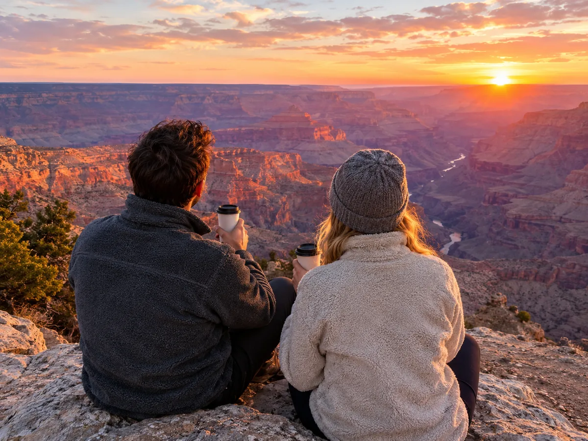 Des voyageurs en veste, boissons chaudes en main, au bord du Grand Canyon à l'aube