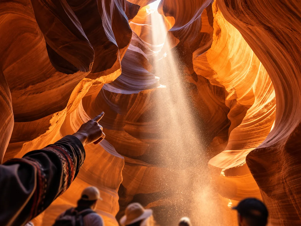 Un guide montrant un rayon de lumière dans un canyon étroit en grès